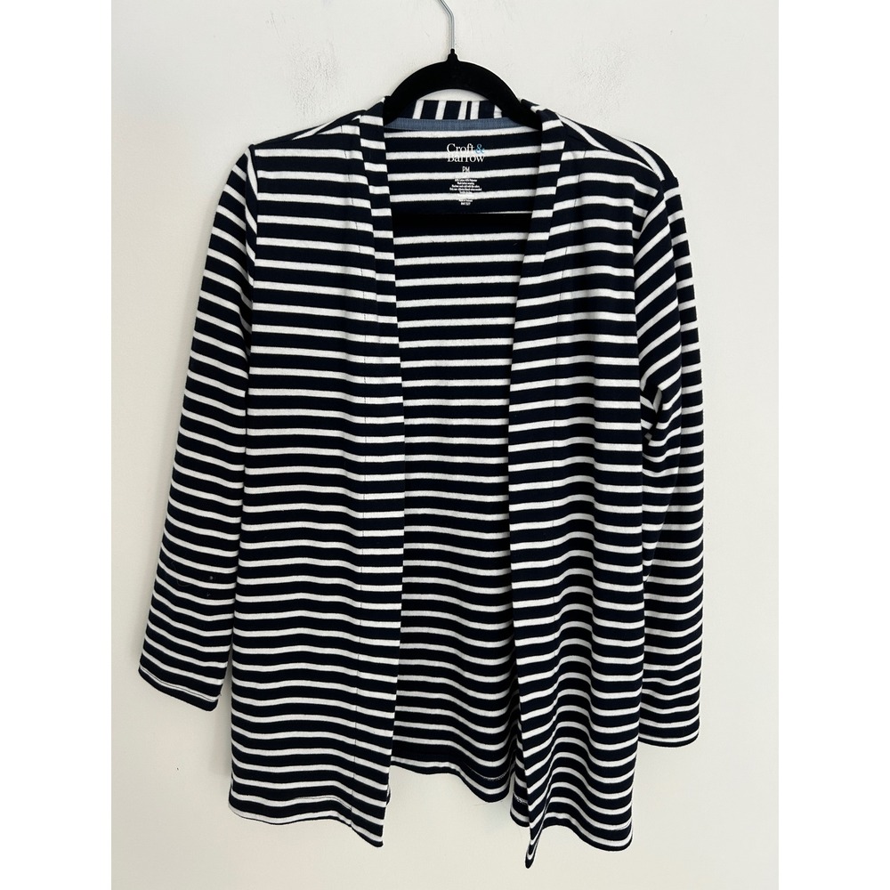 Women Petite Medium Navy Blue White Striped Office Wear Open Front Soft cardigan